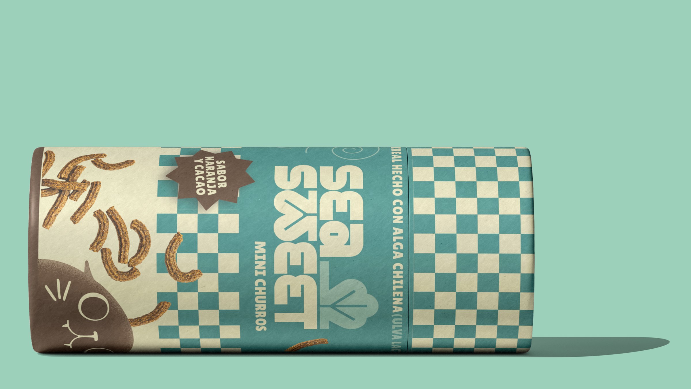 Caja de cereal SeaSweet con cuenco, fresa y sello de Ulva lactuca.